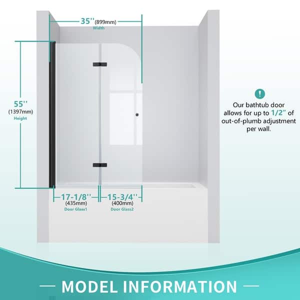 dimension image slide 0 of 2, i-Homare 35 in. W x 55 in. H Frameless Tempered Glass Tub Door