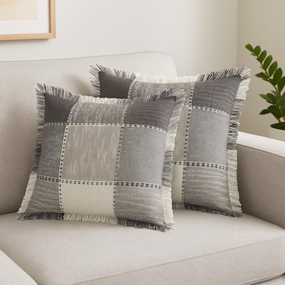 Set of Two 20" Gray And Off White Plaid Cotton Blend Throw Pillows with Fringe