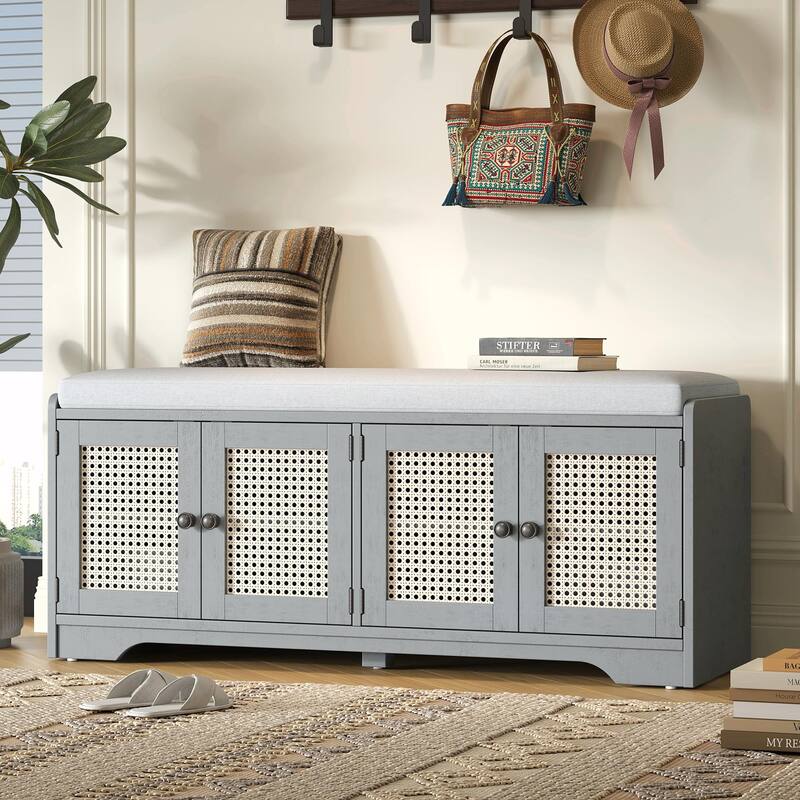 Rustic Storage Bench with Removable Cushion, Woven Rattan Doors & Adjustable Shelves