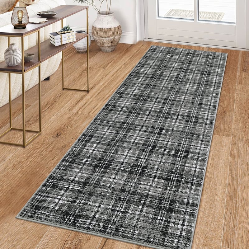 Garvee Earthy Plaid Soft Low Pile Foldable Area Rug - 2'x8' - Grey