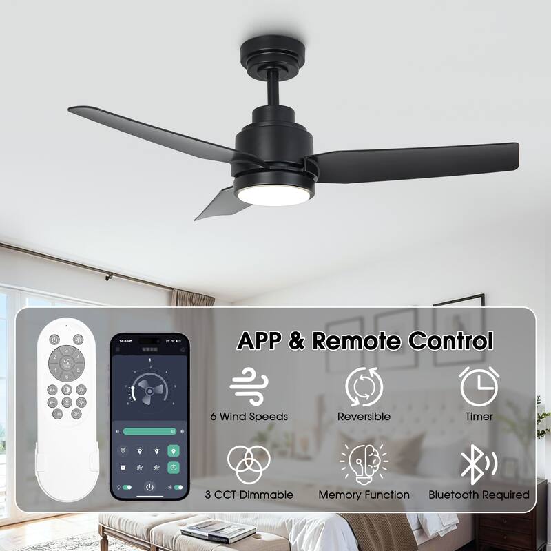 Vaczon 42" Matte Black Industrial ABS 3-Blades Dimmable Smart Ceiling Fan with APP Control