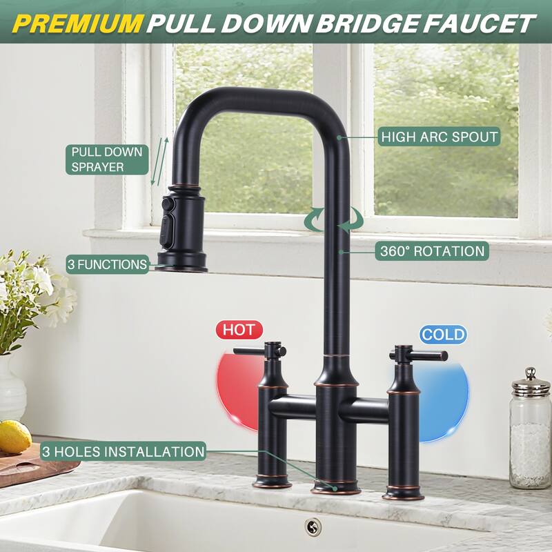WOWOW Double Handle Bridge Kitchen Faucet with Advanced Spray