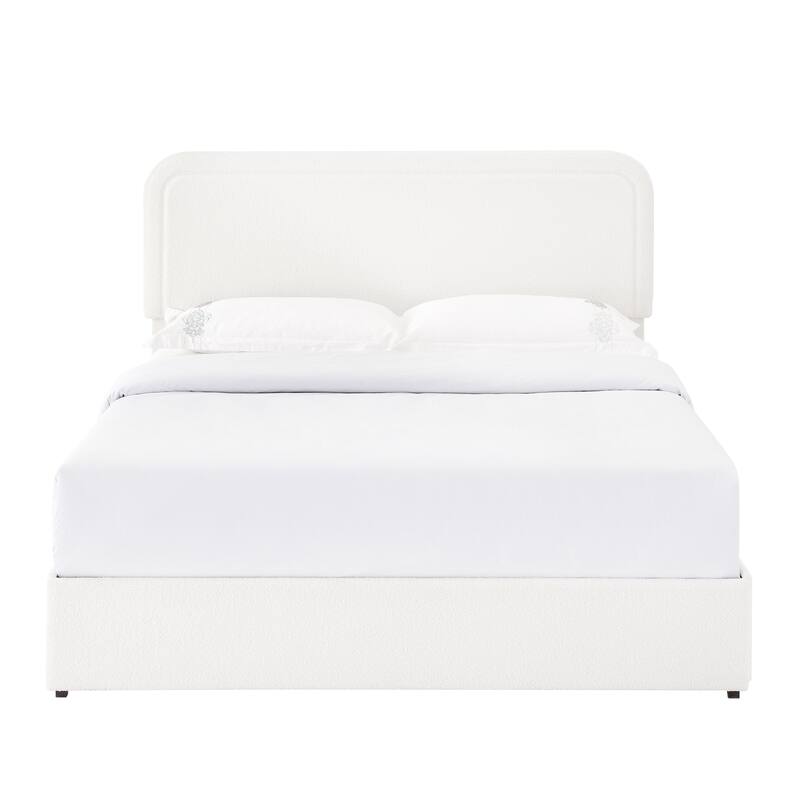 Queen Size Ivory Boucle Upholstered Platform Bed with 2 Built-in Dust-Proof Drawers and Tufted Headboard