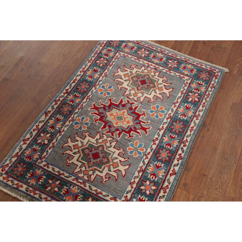 Hand Knotted Oriental 100% Wool Carpet Traditional Geometric Greys & Charcoal Kazak Area Rug - 2' 10'' X 1' 11''