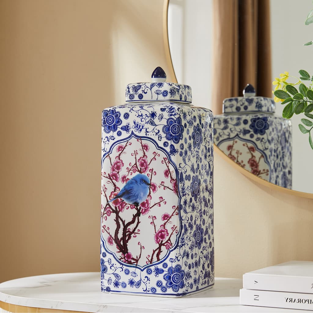 Blue & White Accent Decorative Ginger Jar Ceramic Vase