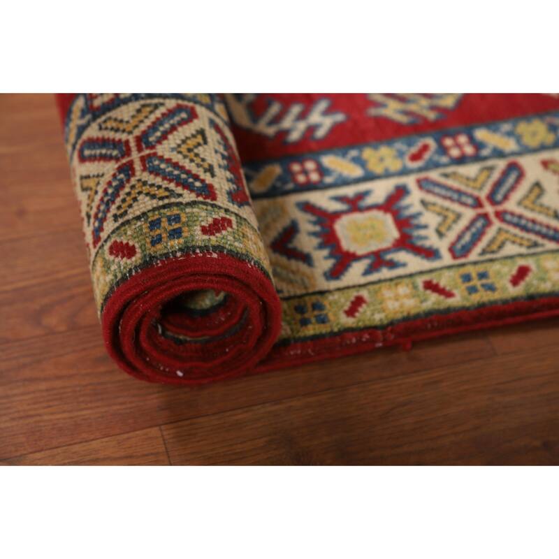 Kazak Accent Rug Hand-Knotted Geometric Red Wool Carpet - 2'7"x 4'0"