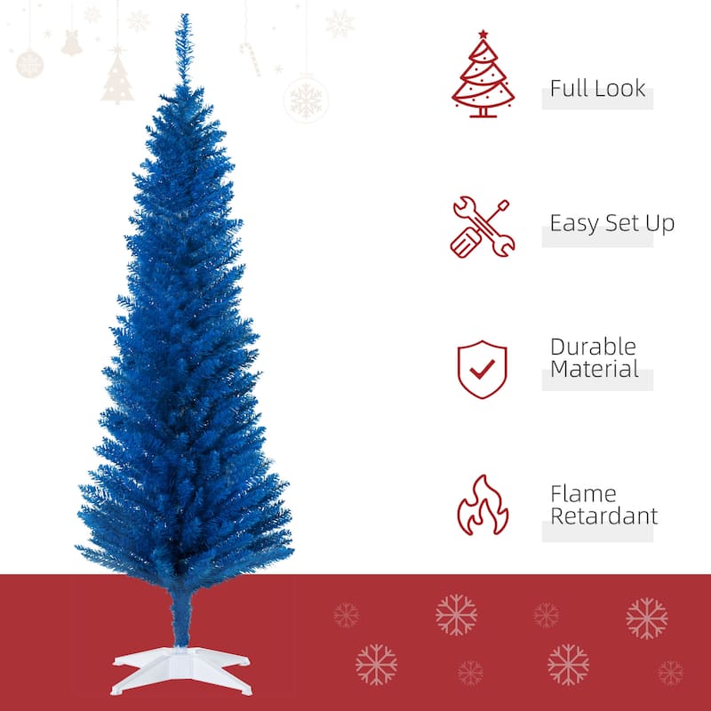 HOMCOM 5' Artificial Pencil Christmas Tree, Slim Xmas Tree with 294 Realistic Branch Tips and Plastic Stand, Blue - 4.91 ft