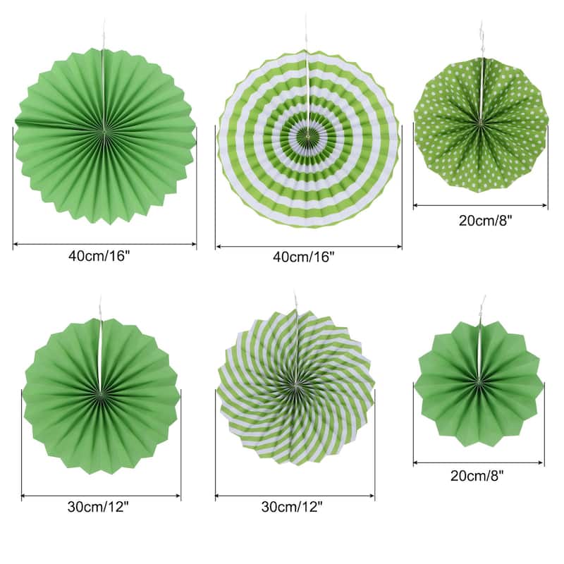 1 Set/6Pcs Paper Fans Hanging Decoration Round 8"/12"/16" - Green