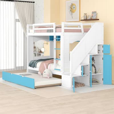 Sturdy & Durable Bunk Bed with Trundle, Stairs & Ladders, Solid Wood Bunk Storage Bed Frame with Cabinet & Bookshelves, for Kids