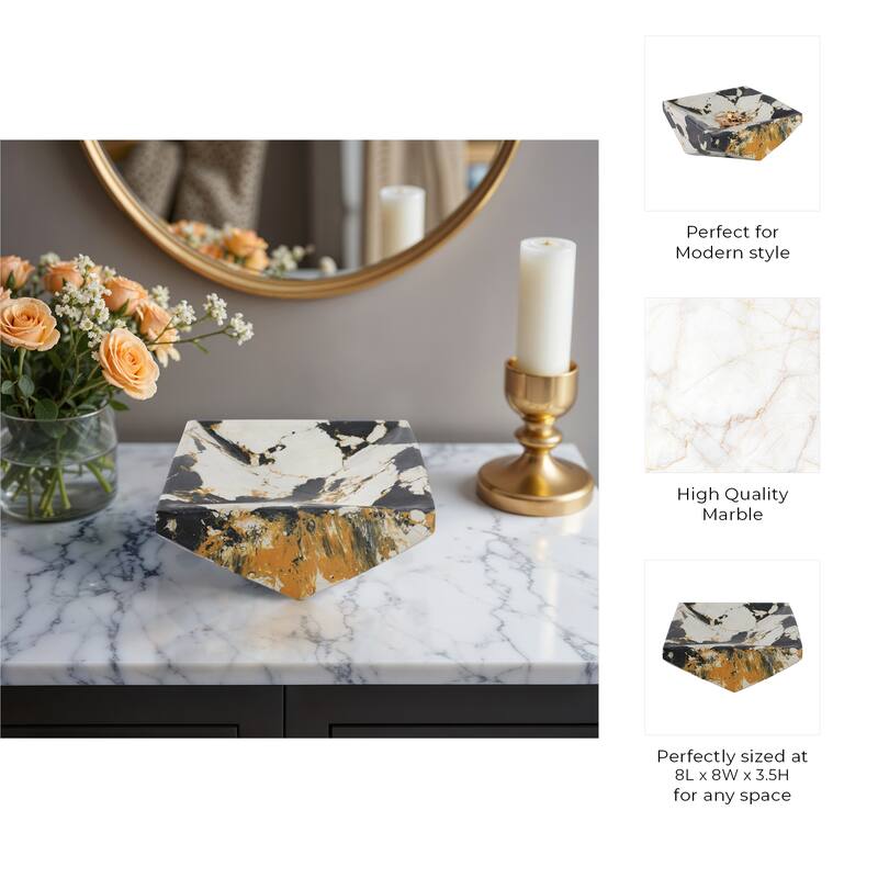 Stone Marble Decorative Bowl Geometric Design Vein Finish - 4" Black - 8" x 8" x 3.5"