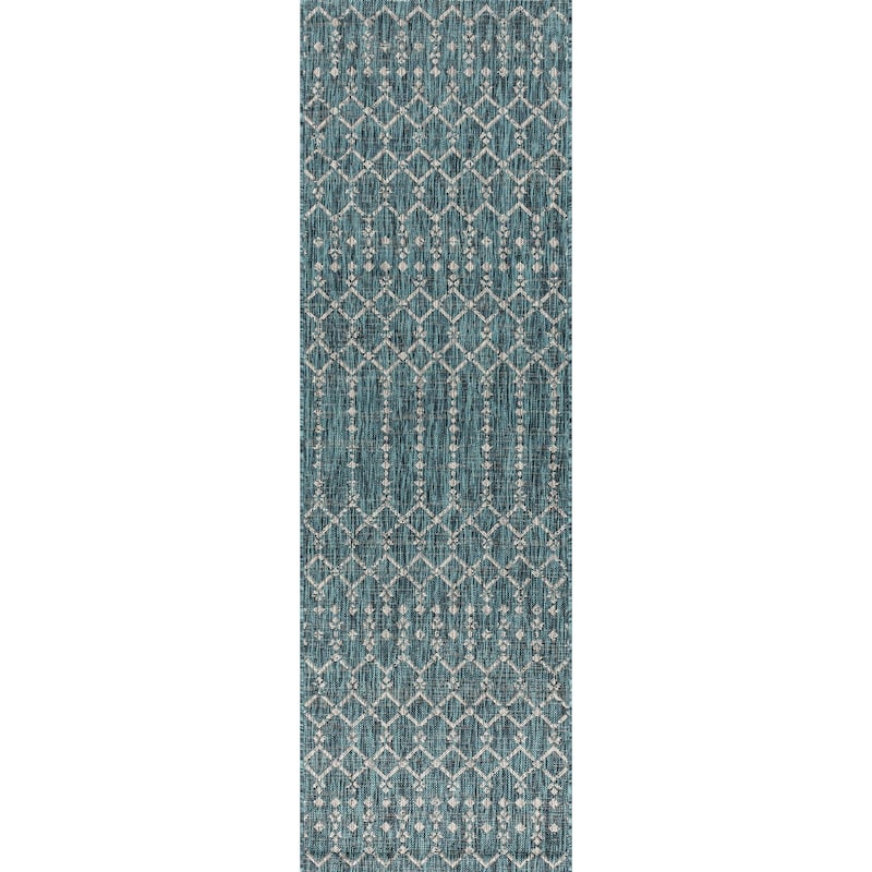JONATHAN Y Trebol Moroccan Geometric Textured Weave Indoor/Outdoor Area Rug - 2 X 10 - Teal/Gray