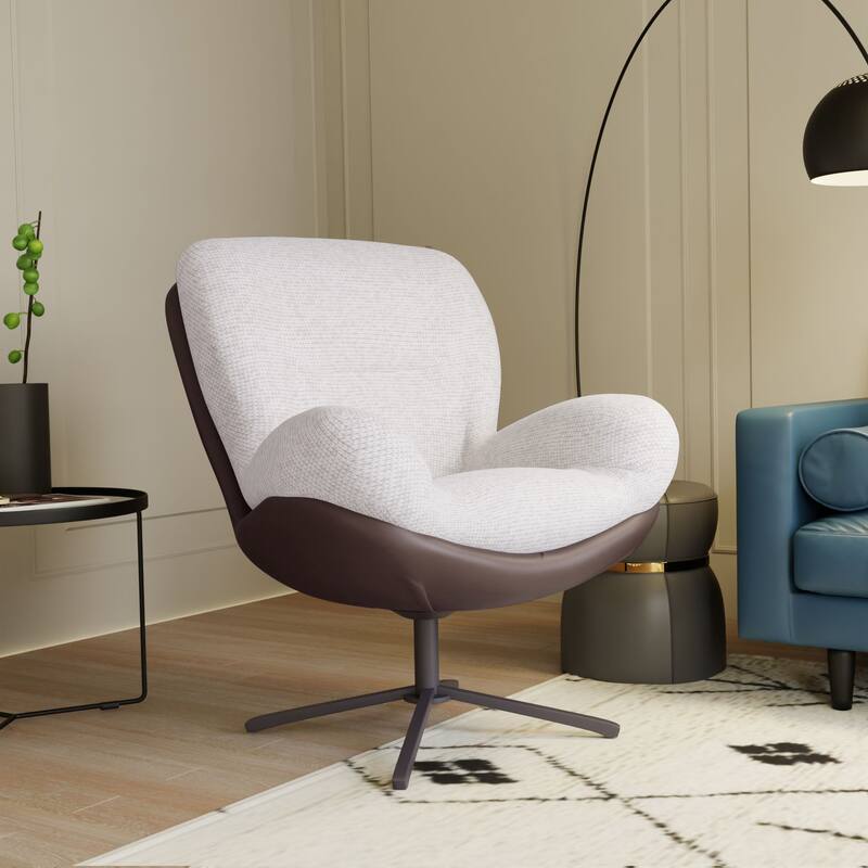 360° Swivel Accent Chair, Modern Chenille Lounge Chair with Faux Leather and Black Metal Base Frame, Comfortable Reading Chair - Brown+White
