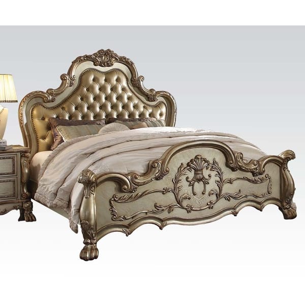 ACME Dresden Queen Bed, Bone PU Gold Patina 1Set 3Ctn - Bed Bath Beyond - 21692575