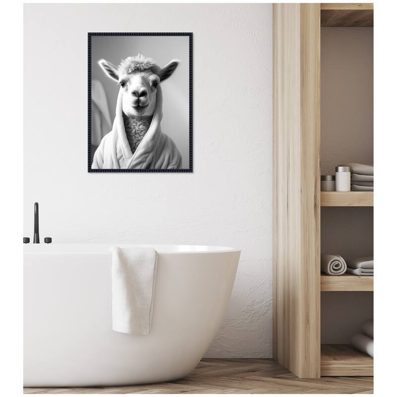 Kate and Laurel Sylvie Llama Bathroom Art Towel Robe Black and White Framed Canvas by The Creative Bunch Studio