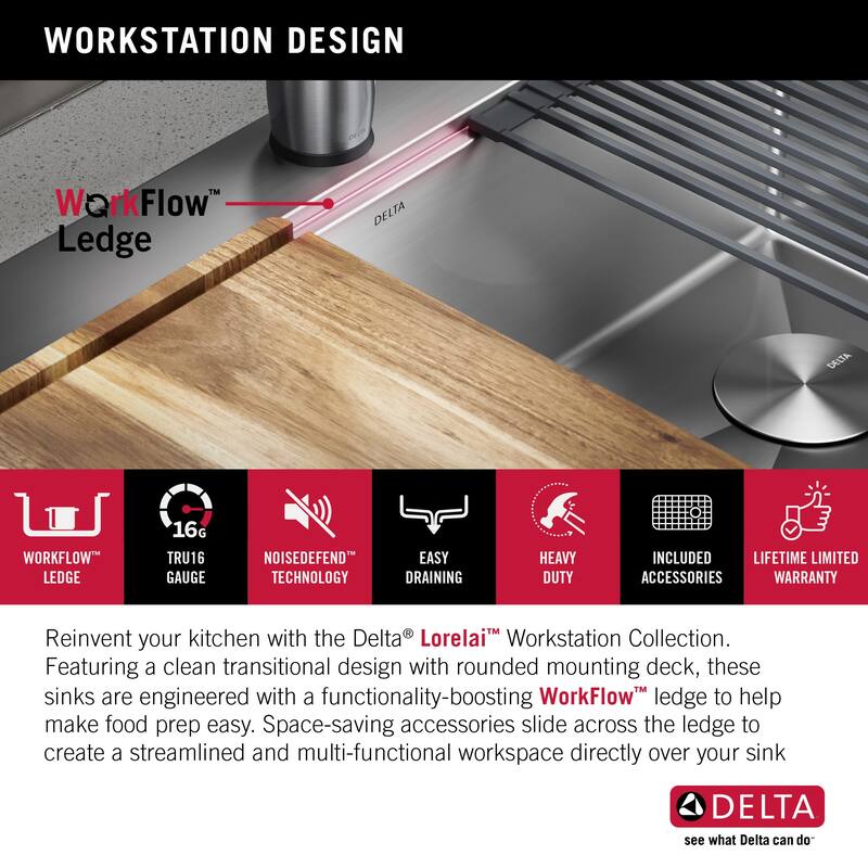 Delta Lorelai 33� Workstation Kitchen Sink Top Mount Drop-In 16 Gauge