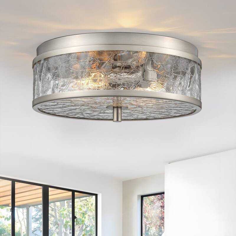 2-Light Farmhouse Drum Flush Mount Ceiling Light with Glass Shade - 12 inch