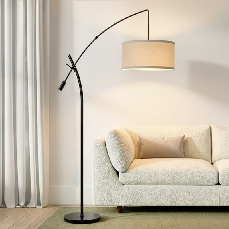 Brightech Grayson 84 in. Mid-Century Modern Height Adjustable LED Floor Lamp with Beige Fabric Drum Shade - Classic Black