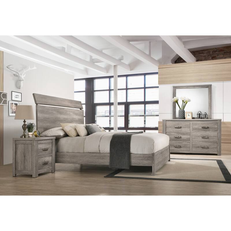 Roundhill Furniture Floren Contemporary Weathered Gray Wood Bedroom Set, Panel Bed, Dresser, Mirror, Nightstand - Queen