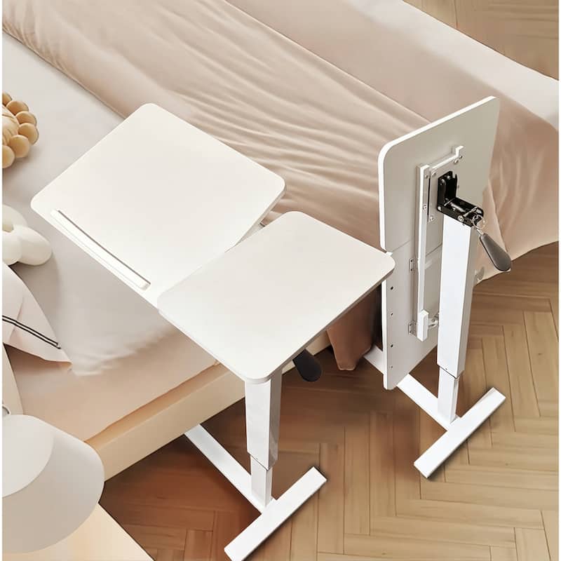 Overbed Bedside Desk Mobile Rolling Laptop Stand Tilting Overbed Table with Wheels Height Adjustable Tray Table - White