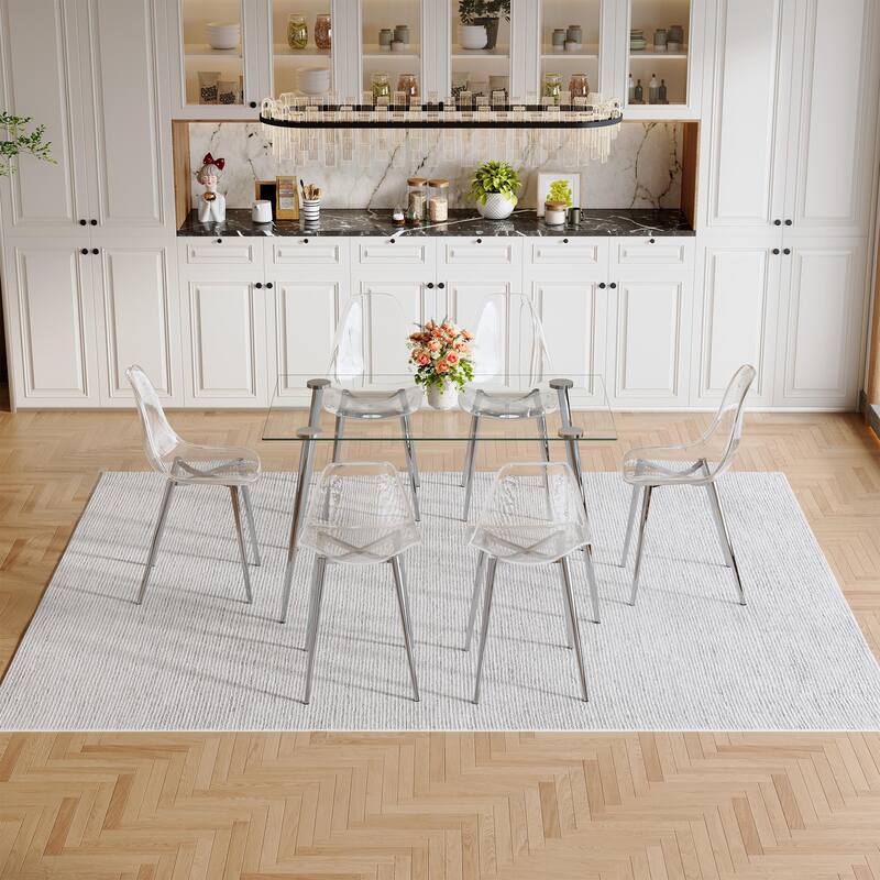Modern Luxurious Rectangular Tempered Glass Dining Table Set- with 6 Transparent Plastic Dining Chair