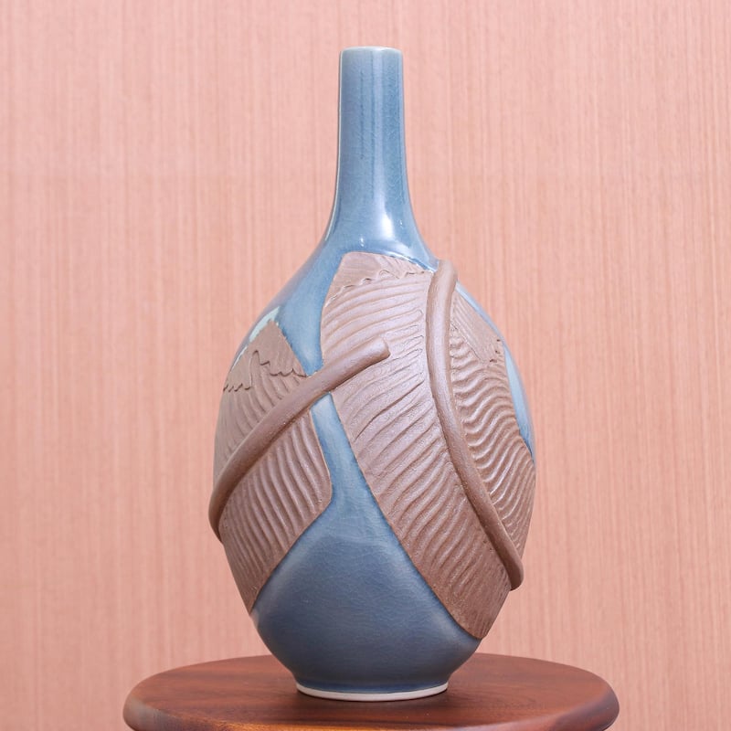 Novica Handmade Blue Banana Celadon Ceramic Vase
