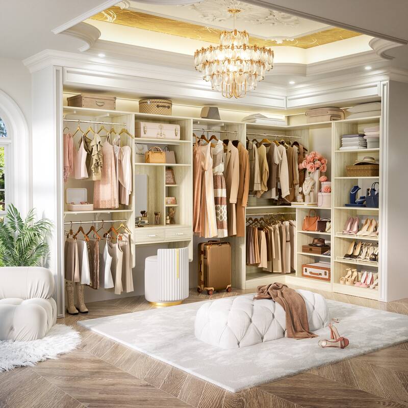 Cimly Wall-mounted Closet System with 32'' Makeup Vanity Desk, Space-saving Organizer with Hanging Rods and Mirror