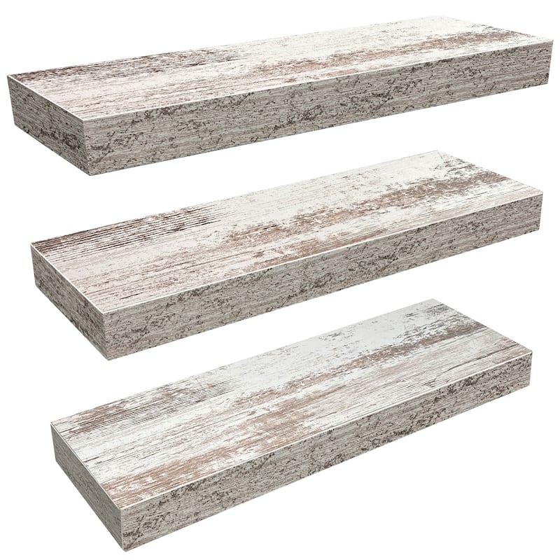 Floating Shelf Set, Rustic Wood Beach Style Hanging Wall Shelves - 3-Pack - White