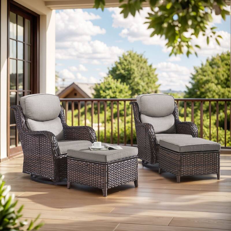 4 Pieces Outdoor Gliders Swivel Chairs Ottomans with 5-Inch Thick Cushions - Brown Rattan - Grey Cushion - 4PCS Swivel Chairs with Ottoman