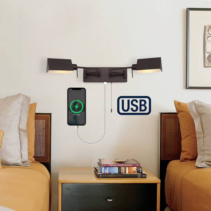 Curtis Farmhouse Swing Arm Plug-In or Hardwired Iron LED Wall Sconce with Pull-Chain with USB Charging Port, by JONATHAN Y