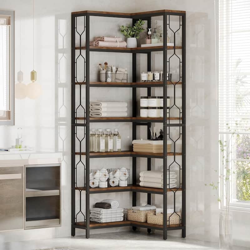 7-Tier Corner Bookshelf, White Corner Shelf Modern Etagere Bookcase