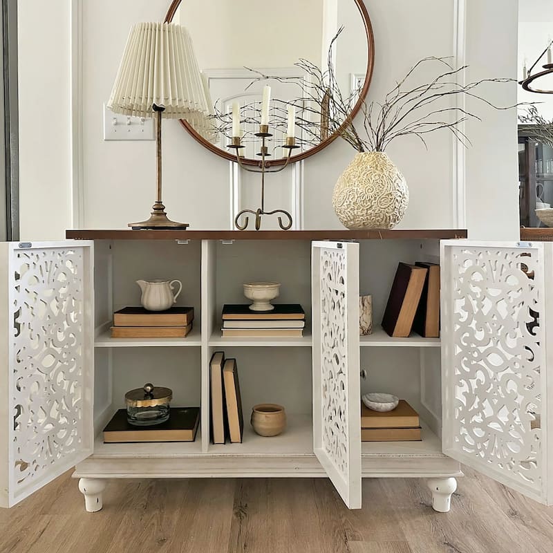 Retro Antique Hollow-Carved 3-door Storage Cabinet
