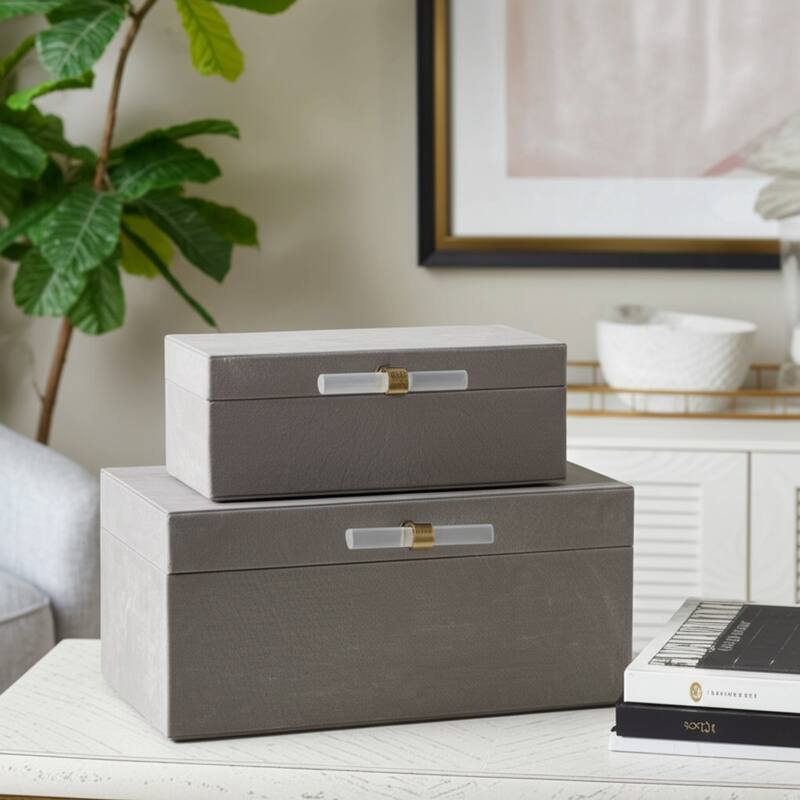 Wood Decorative Boxes with Lid Stone Handle (Set of 2) - 5/6" Gray - 14" x 9.25" x 6.5"
