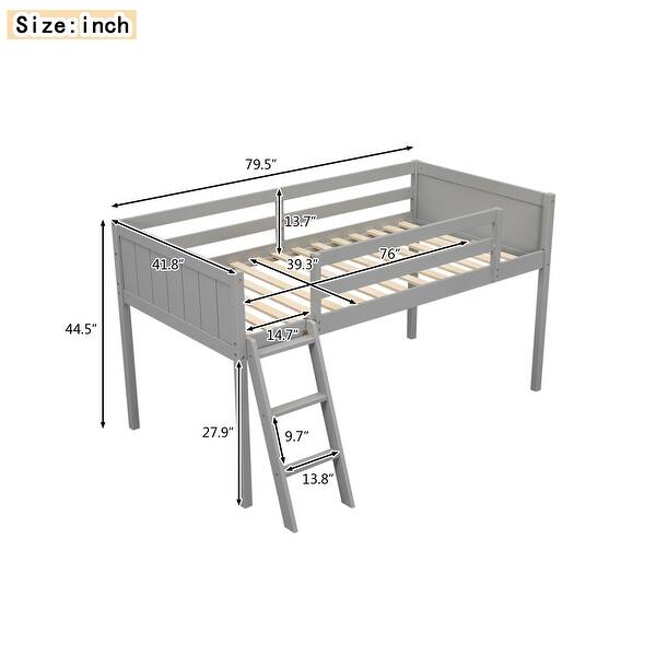 dimension image slide 1 of 2, Twin Size Wood Low Loft Bed with Convertible Ladder, Sturdy Pine Frame, Full-Length Guardrails, No Box Spring Needed, Grey