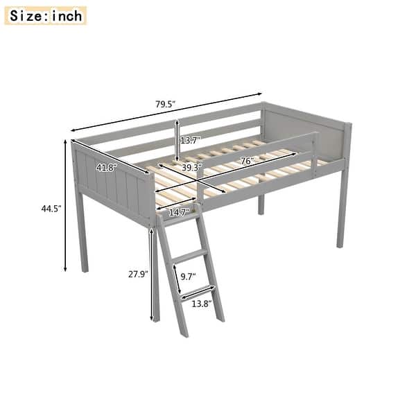 Twin Wood Low Loft Bed with Convertible Ladder, Ladder Can be Placed on The Left or Right, for Kids, Dorm Bedroom Apartment,Grey