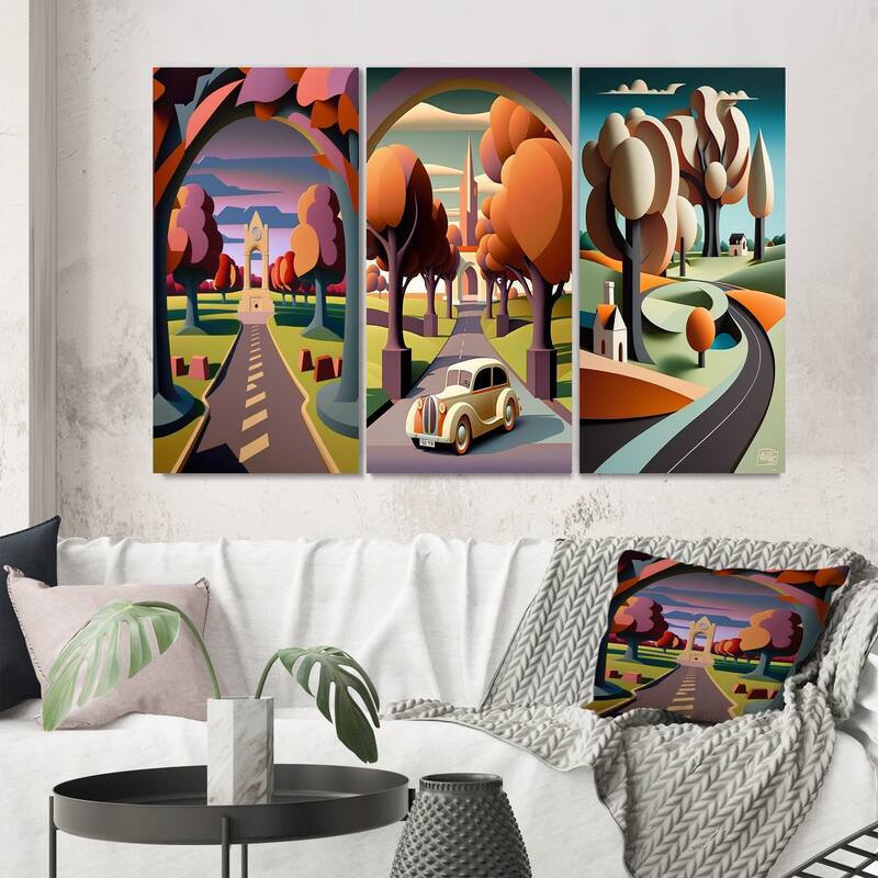 Designart "Road Through The Rustic Mountains I" Abstract Landscape Pink - Canvas Set Of 3 For Living Room Decor