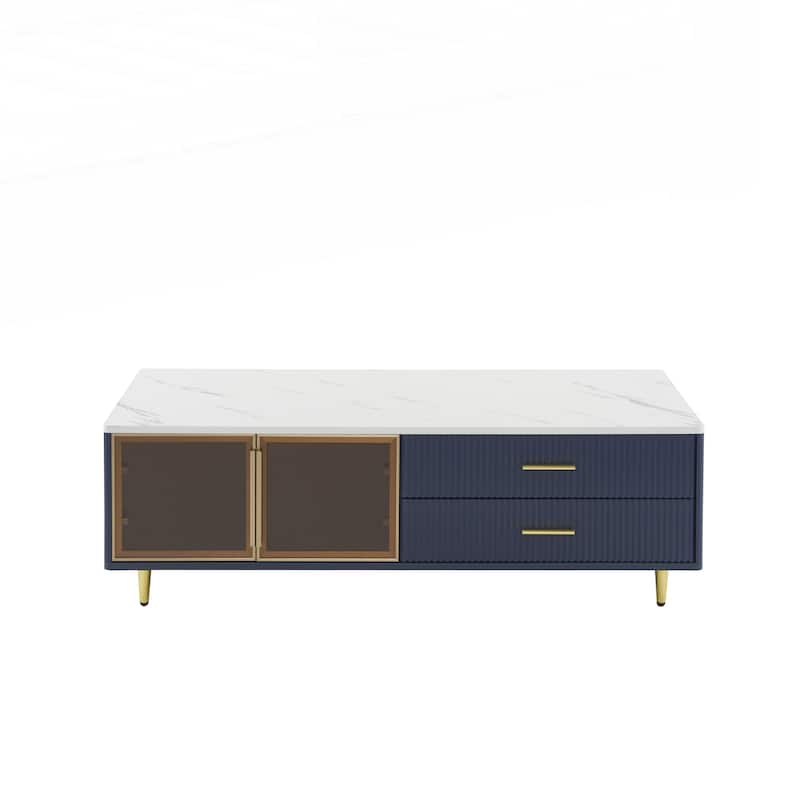 Modern White Coffee Table with 2 Glass Door Storage