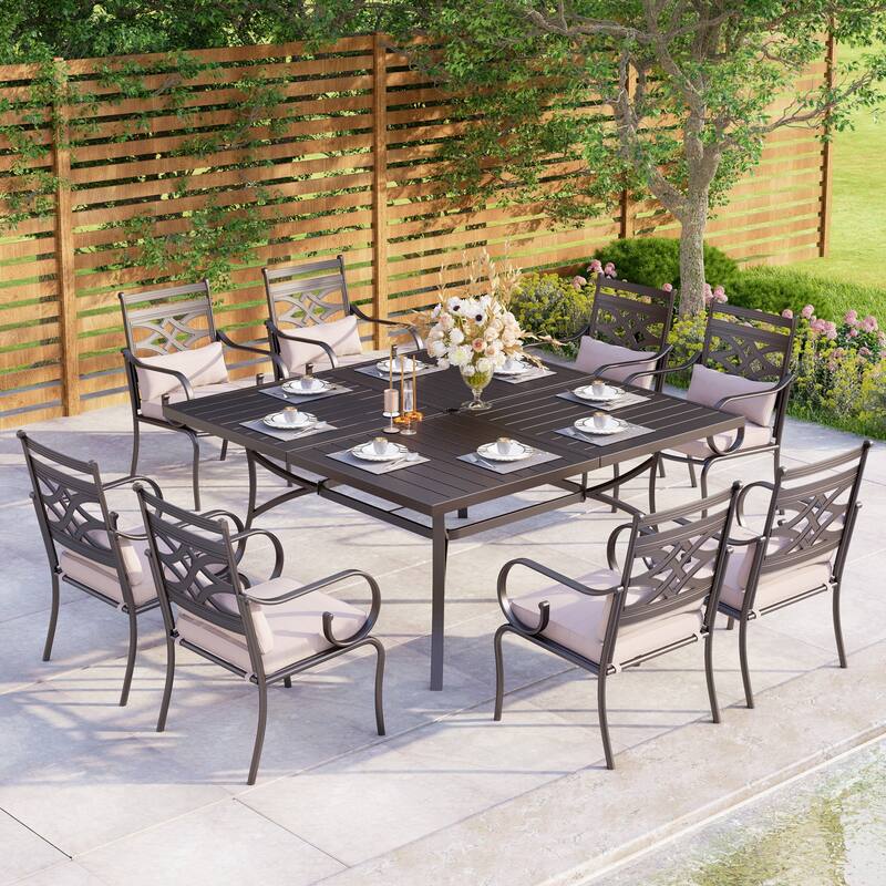 MAISON ARTS 9 Pieces Outdoor Dining Table Set for 8,60" Square Metal Dining Table & Steel Dining Chairs with Cushion - +Fixed Chairs