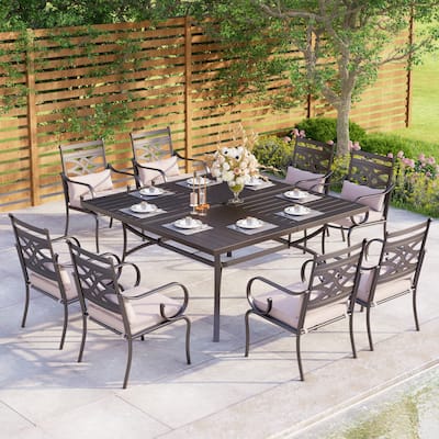 9 Pieces Outdoor Dining Table Set for 8,60” Square Metal Dining Table & Steel Dining Chairs with Cushion