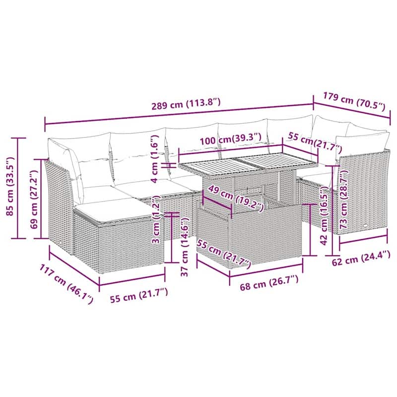 vidaXL Patio Sofa Set with Cushions Sofa Modules and Table 8 Piece Poly Rattan - 21.7 x 39.4 x 28.7