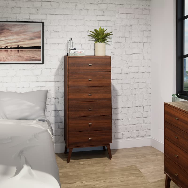 Prepac Milo Mid-Century Modern 6 Drawer Dresser, Tall Chest of Drawers, Retro Bedroom Furniture, Lingerie Dresser