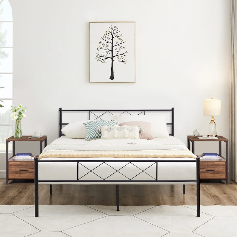 VECELO Industrial 3-Piece Bedroom Set Black Platform Bed Frame with Headboard and Modern Nightstand Set of 2