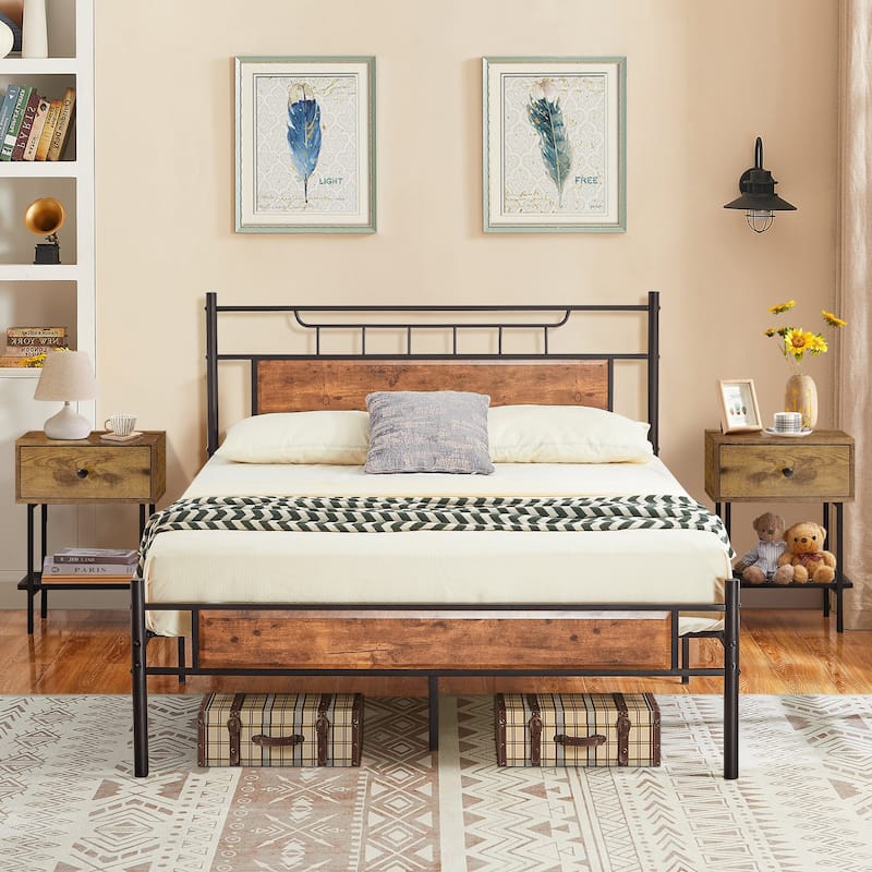 Javlergo Metal Platform Bed Frame with Wooden Headboard, No Box Spring Needed, Brown