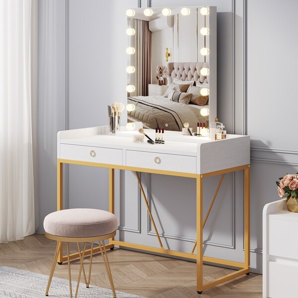Simple Vanity Desk with Rectangle Mirror 2 Drawers Small Makeup Table and LED Mirror Set On Sale Bed Bath Beyond 38943466