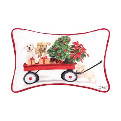 8" x 12" Puppies Pulling Christmas Tree and Presents in a Red Wagon Printed Throw Accent Pillow
