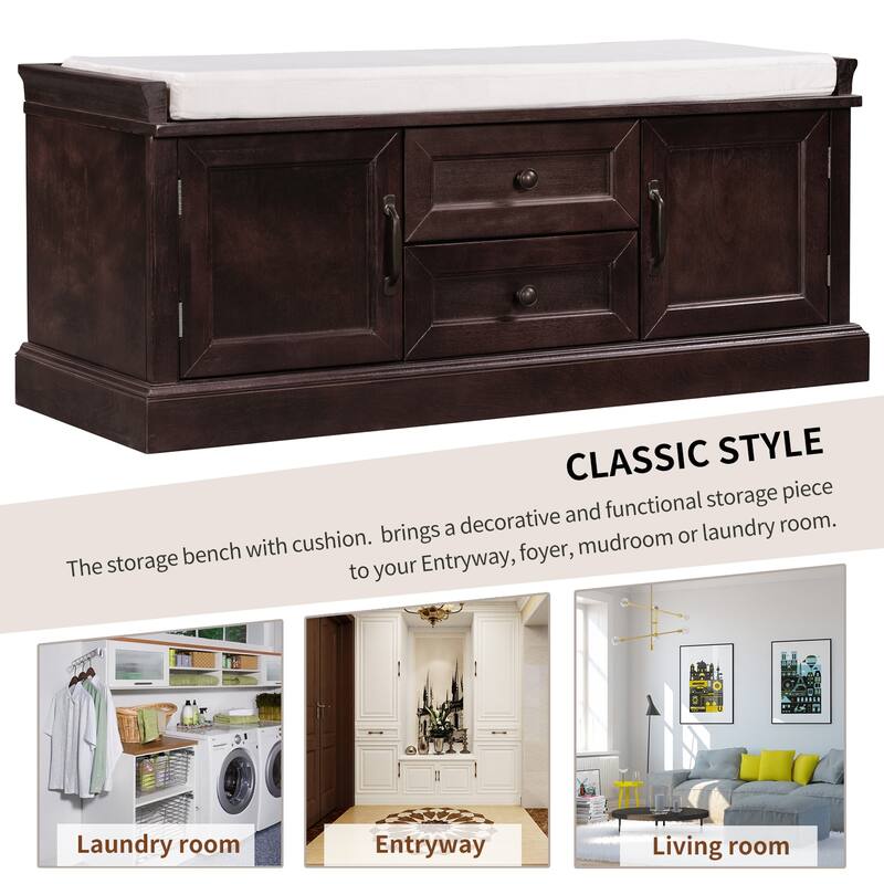 Storage Bench with 2 Drawers and 2 Cabinets, Shoe Bench with Removable Cushion