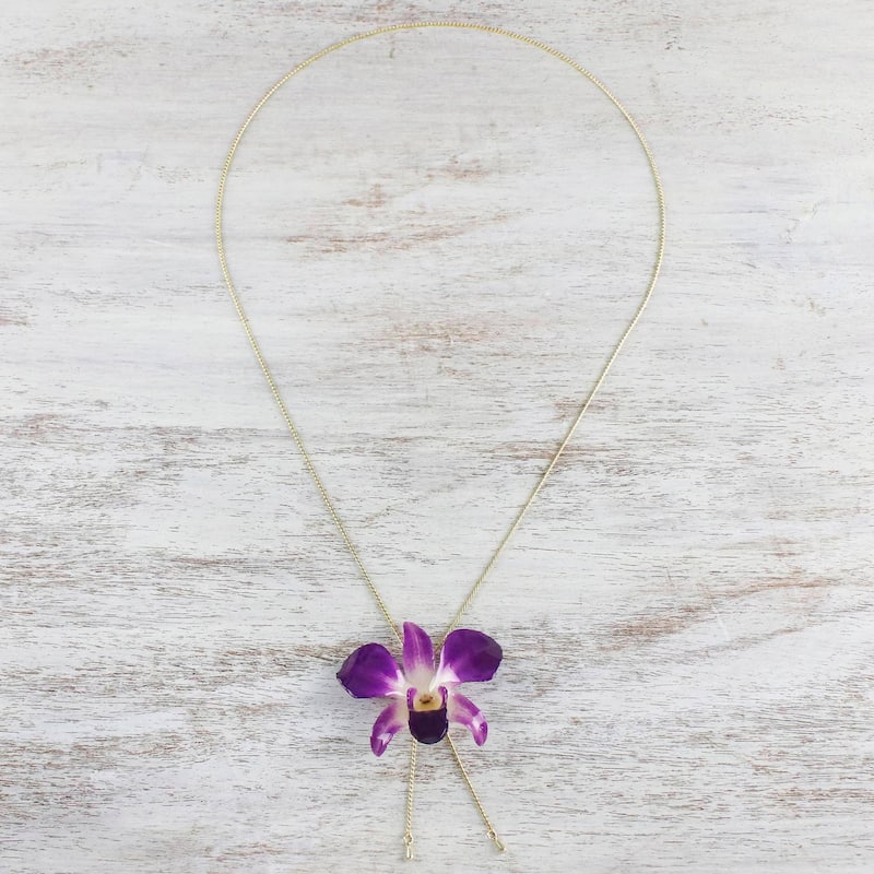 NOVICA Orchid Majesty, Gold accent natural orchid pendant necklace