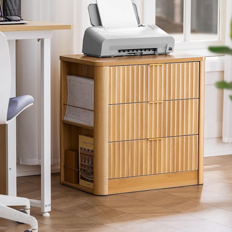 Fluted Nightstand Charging Station 3 Drawers Side Storage Shelves