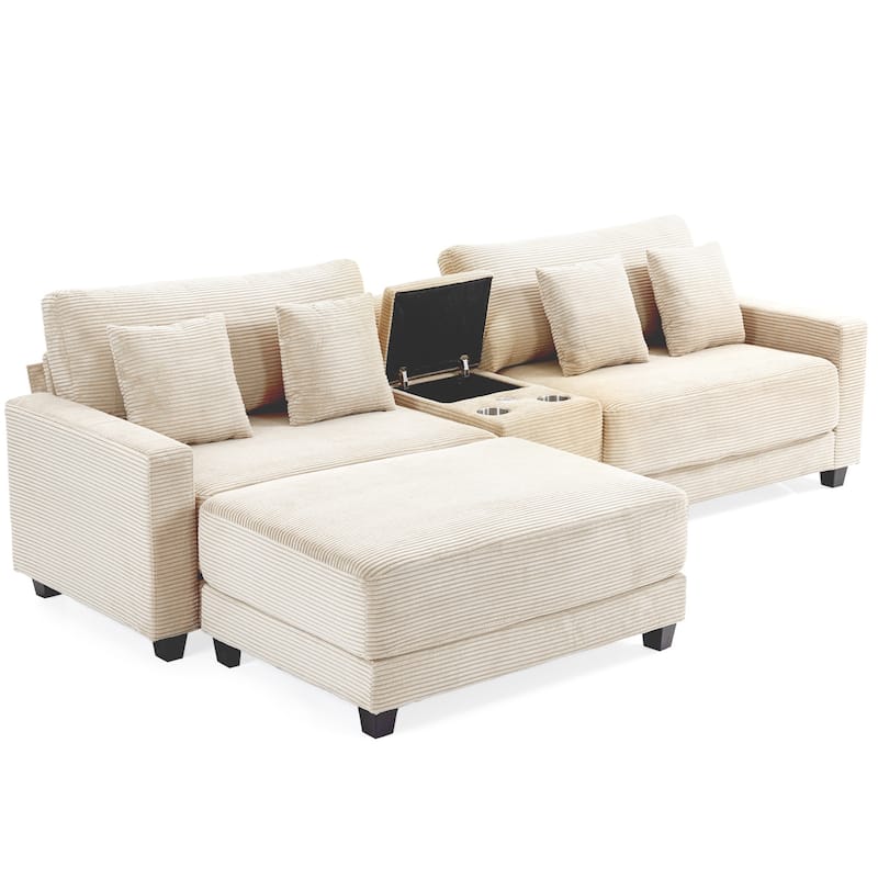 Oversized Corduroy Upholstered Sofa with a Removable Ottoman & 4 Pillows