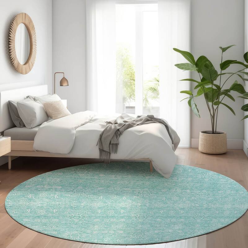 Machine Washable Indoor/ Outdoor Chantille Traditional Floral Rug - Aqua - 8' x 8'