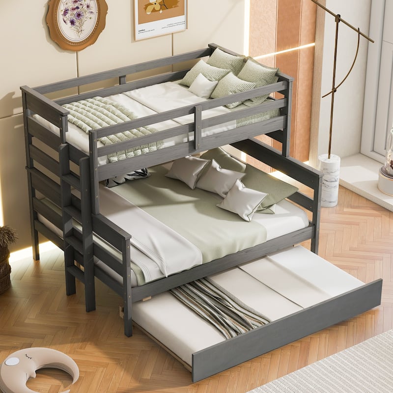 Detachable Wood Bunk Bed, Twin over Full Kids Bunk Bed Frame with Trundle Bed, Divided Into 2 Separate Beds Frame